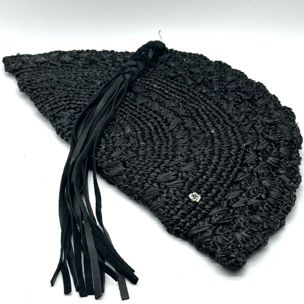 Flora Bella Rafia Sequin Black Fan Clutch Leather Tassel - Picture 4 of 7